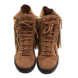 Pre Owned Giuseppe Zanotti Brown Suede Lorenze Fringe Wedge Sneakers Size 40