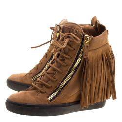 Pre Owned Giuseppe Zanotti Brown Suede Lorenze Fringe Wedge Sneakers Size 40