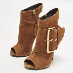 Pre Owned Giuseppe Zanotti Size 36 Brown Nubuck Leather Buckle Detail Ankle Length Boots 
