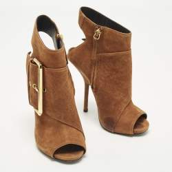 Pre Owned Giuseppe Zanotti Size 36 Brown Nubuck Leather Buckle Detail Ankle Length Boots 