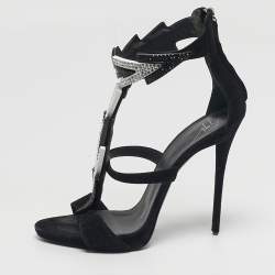 مملوكة مسبقًا Giuseppe Zanotti Size 37 Black Suede Crystal Embellished Ankle Strap Sandals