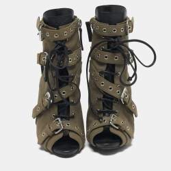 Pre Owned بوتي جوسيبي زانوتي قماش أخضر مقدمة مفتوحة وقصات عند الكاحل مقاس 38.5