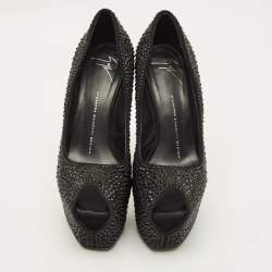 مملوكة مسبقًا حذاء كعب عالي جوسيبي زانوتي نعل سميك مقدمة مفتوحة ليزا مزخرف كريستال سويدي أسود مقاس 36