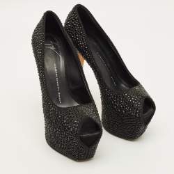 مملوكة مسبقًا حذاء كعب عالي جوسيبي زانوتي نعل سميك مقدمة مفتوحة ليزا مزخرف كريستال سويدي أسود مقاس 36