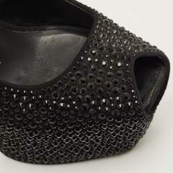 مملوكة مسبقًا حذاء كعب عالي جوسيبي زانوتي نعل سميك مقدمة مفتوحة ليزا مزخرف كريستال سويدي أسود مقاس 36