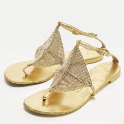 Pre Owned Giuseppe Zanotti Size 39 Gold Crystals and Leather Thong Ankle Strap Flats