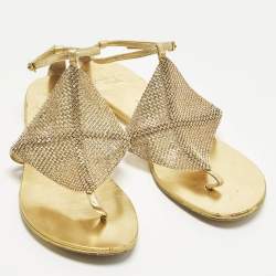 Pre Owned Giuseppe Zanotti Size 39 Gold Crystals and Leather Thong Ankle Strap Flats