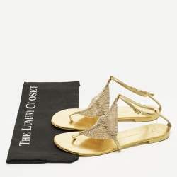 Pre Owned Giuseppe Zanotti Size 39 Gold Crystals and Leather Thong Ankle Strap Flats