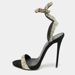 Pre Owned Giuseppe Zanotti Size 39 Gold/Black Glitter and Suede Ankle Strap Sandals
