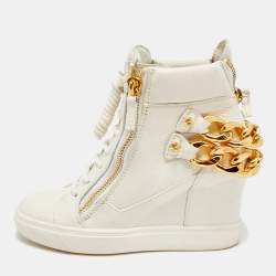 Pre Owned Giuseppe Zanotti Chain Detail Size 37.5 White Leather High Top Wedge Sneakers