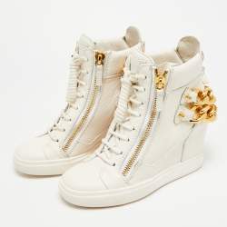Pre Owned Giuseppe Zanotti Chain Detail Size 37.5 White Leather High Top Wedge Sneakers
