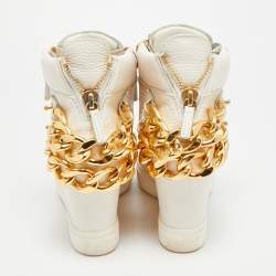 Pre Owned Giuseppe Zanotti Chain Detail Size 37.5 White Leather High Top Wedge Sneakers