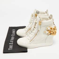 Pre Owned Giuseppe Zanotti Chain Detail Size 37.5 White Leather High Top Wedge Sneakers