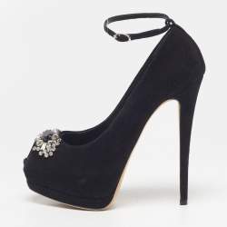 مملوكة مسبقًا Giuseppe Zanotti Size 37.5 Black Suede Crystal Embellished Platform Pumps