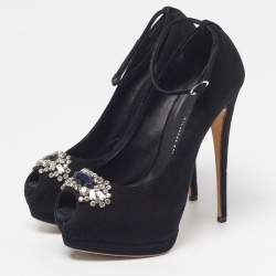 Pre Owned Giuseppe Zanotti Size 37.5 Black Suede Crystal Embellished Platform Pumps