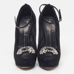 Pre Owned Giuseppe Zanotti Size 37.5 Black Suede Crystal Embellished Platform Pumps