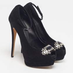 Pre Owned Giuseppe Zanotti Size 37.5 Black Suede Crystal Embellished Platform Pumps