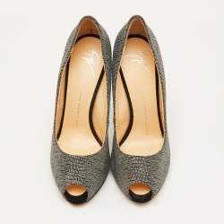 Pre Owned Giuseppe Zanotti Size 39 Black/White Metallic Embossed Suede Peep Toe Pumps