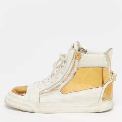 Pre Owned Giuseppe Zanotti Size 38.5 White Leather Metal Embellished Double Zip High Top Sneakers 