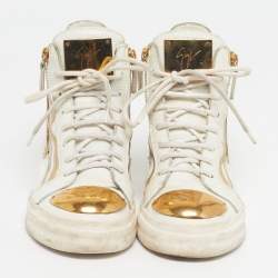 Pre Owned Giuseppe Zanotti Size 38.5 White Leather Metal Embellished Double Zip High Top Sneakers 