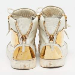 Pre Owned Giuseppe Zanotti Size 38.5 White Leather Metal Embellished Double Zip High Top Sneakers 