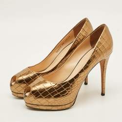 Pre Owned حذاء كعب عالي جوسيبي زانوتي نعل سميك مقدمة مفتوحة جلد نقش تمساح أسود مقاس 39