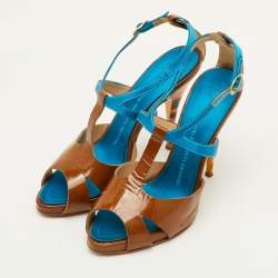 Pre Owned Giuseppe Zanotti Size 37.5 Brown/Blue Patent Leather and Satin T-Strap Sandals