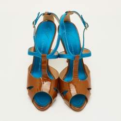 Pre Owned Giuseppe Zanotti Size 37.5 Brown/Blue Patent Leather and Satin T-Strap Sandals
