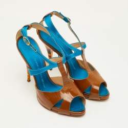 Pre Owned Giuseppe Zanotti Size 37.5 Brown/Blue Patent Leather and Satin T-Strap Sandals