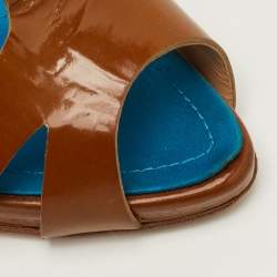 Pre Owned Giuseppe Zanotti Size 37.5 Brown/Blue Patent Leather and Satin T-Strap Sandals