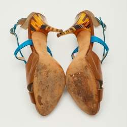 Pre Owned Giuseppe Zanotti Size 37.5 Brown/Blue Patent Leather and Satin T-Strap Sandals
