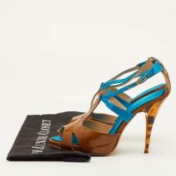 Pre Owned Giuseppe Zanotti Size 37.5 Brown/Blue Patent Leather and Satin T-Strap Sandals