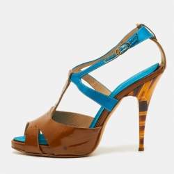 Pre Owned Giuseppe Zanotti Size 37.5 Brown/Blue Patent Leather and Satin T-Strap Sandals