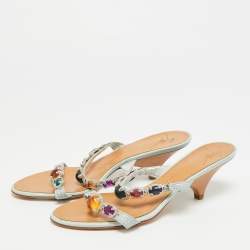 Pre Owned Giuseppe Zanotti Size 36 Blue/Grey Lizard Leather Crystal Embellished Slide Sandals 