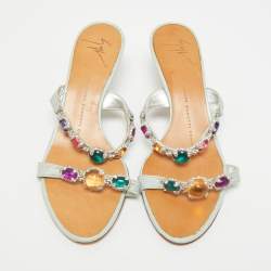 Pre Owned Giuseppe Zanotti Size 36 Blue/Grey Lizard Leather Crystal Embellished Slide Sandals 