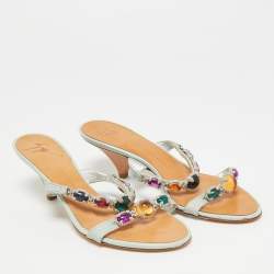 Pre Owned Giuseppe Zanotti Size 36 Blue/Grey Lizard Leather Crystal Embellished Slide Sandals 