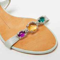 Pre Owned Giuseppe Zanotti Size 36 Blue/Grey Lizard Leather Crystal Embellished Slide Sandals 