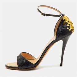 Pre Owned Giuseppe Zanotti Size 38 Black/Gold Leather and Sequins Ankle Strap Sandals