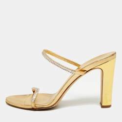 Pre Owned Giuseppe Zanotti Size 41  Gold Leather Crystal Embellished Slide Sandals