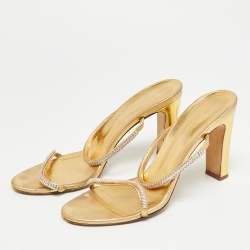 Pre Owned Giuseppe Zanotti Size 41  Gold Leather Crystal Embellished Slide Sandals