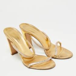 Pre Owned Giuseppe Zanotti Size 41  Gold Leather Crystal Embellished Slide Sandals