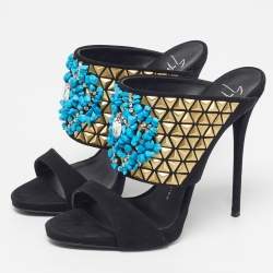 Pre Owned صندل جوسيبي زانوتي كولاين سويدي أسود مزخرف كريستال مقاس 37.5