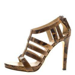 Pre Owned Giuseppe Zanotti Brown Snake Embossed Leather Strappy Sandals Size 40.5
