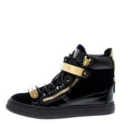 Pre Owned Giuseppe Zanotti Navy Blue/Black Velvet and Leather Coby High Top Sneakers Size 36