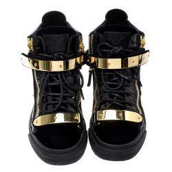 Pre Owned Giuseppe Zanotti Navy Blue/Black Velvet and Leather Coby High Top Sneakers Size 36