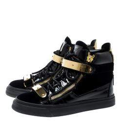 Pre Owned Giuseppe Zanotti Navy Blue/Black Velvet and Leather Coby High Top Sneakers Size 36