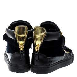 Pre Owned Giuseppe Zanotti Navy Blue/Black Velvet and Leather Coby High Top Sneakers Size 36