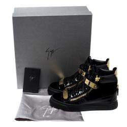 Pre Owned Giuseppe Zanotti Navy Blue/Black Velvet and Leather Coby High Top Sneakers Size 36