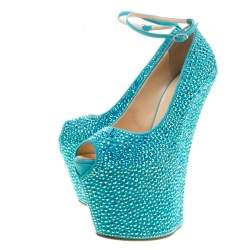 مملوكة مسبقًا حذاء كعب عالي جوسيبي زانوتي سويدي أزرق مزخرف كريستال بلا كعب نعل سميك مقاس 37