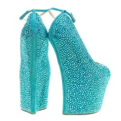 مملوكة مسبقًا حذاء كعب عالي جوسيبي زانوتي سويدي أزرق مزخرف كريستال بلا كعب نعل سميك مقاس 37